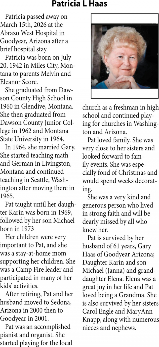 Patricia L Haas, Obituaries, Glendive, MT