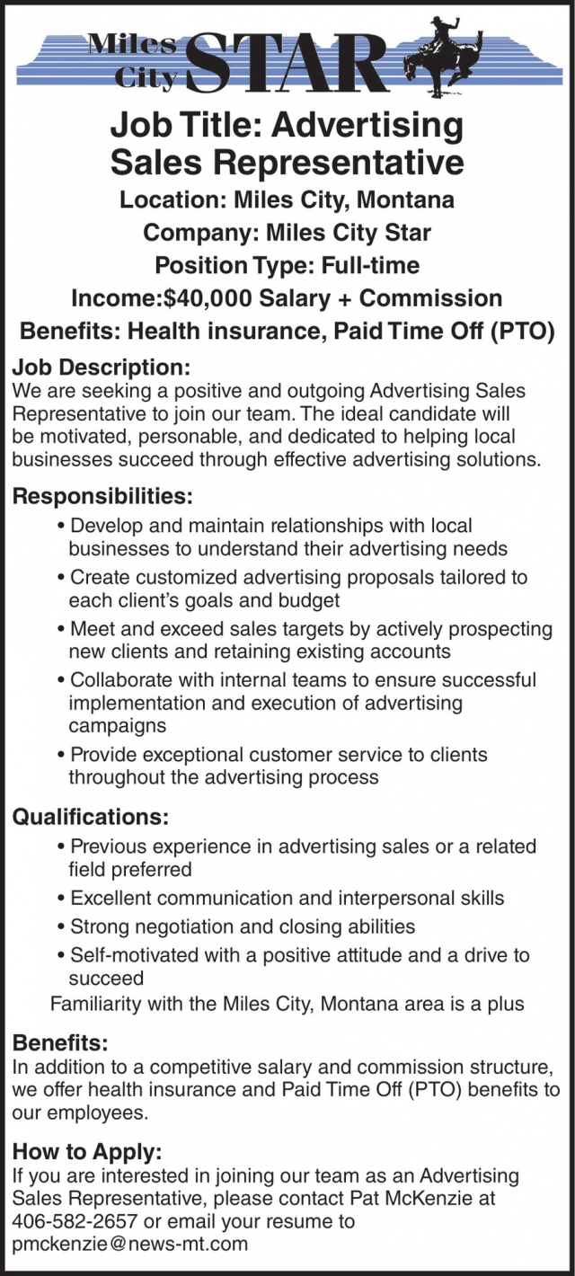 Advertising Sales Representative, Miles City Star