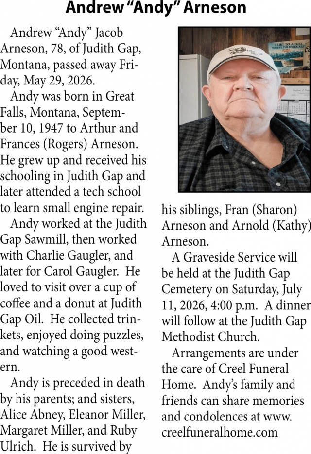 Andrew "Andy" Arneson, Obituaries, Glendive, MT
