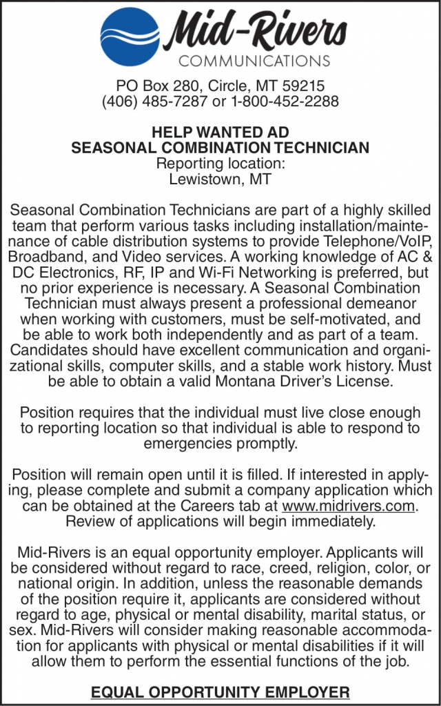 Combination Technician, Mid-Rivers Communications