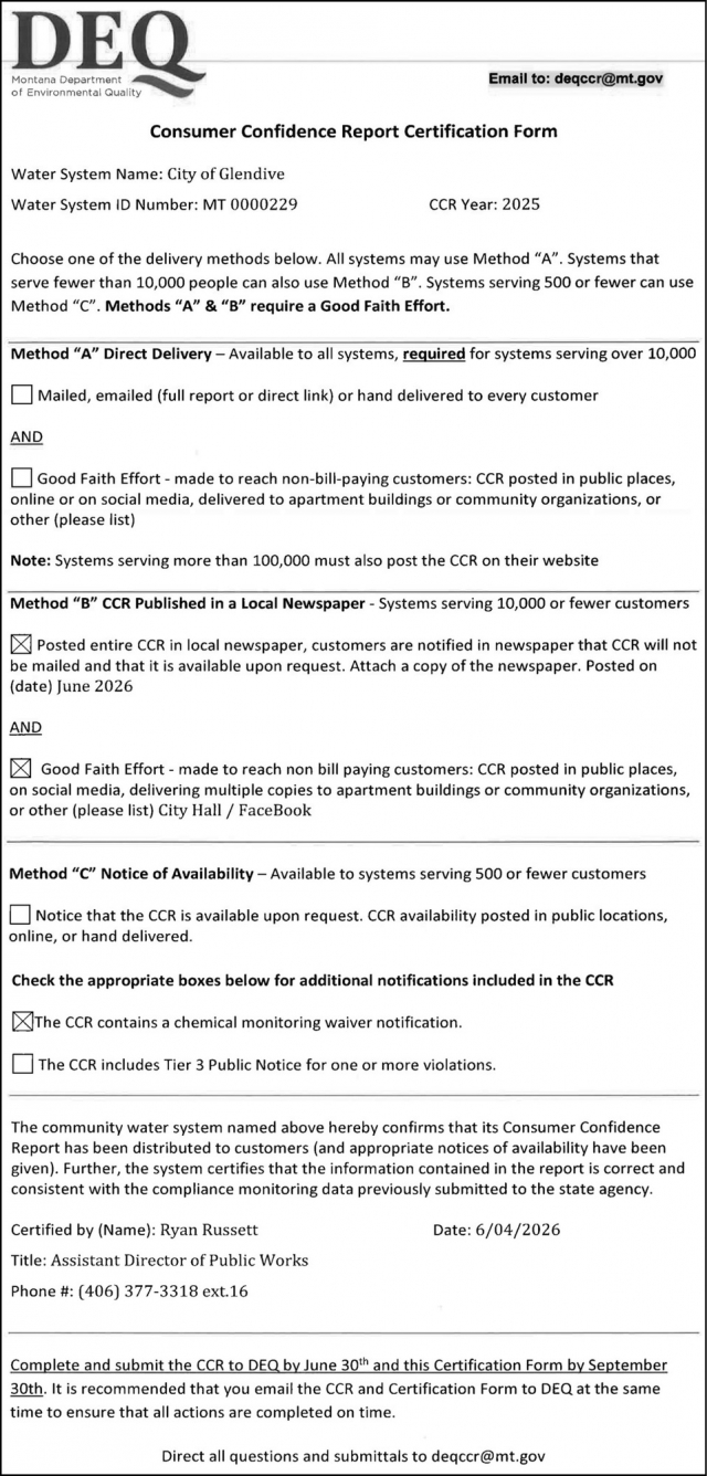 Consumer Confidence Report Certification Form, Montana Department of Environmental Quality