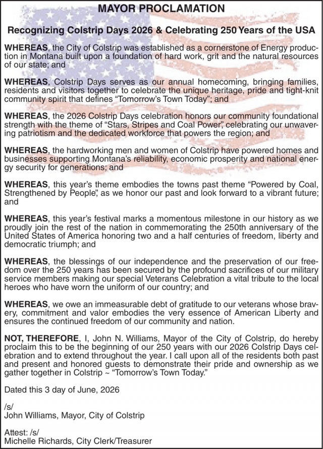 Mayor Proclamation, City of Colstrip, Colstrip, MT