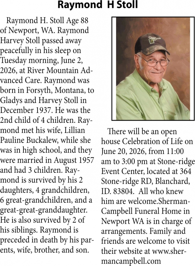 Raymond H Stoll, Obituaries, Glendive, MT