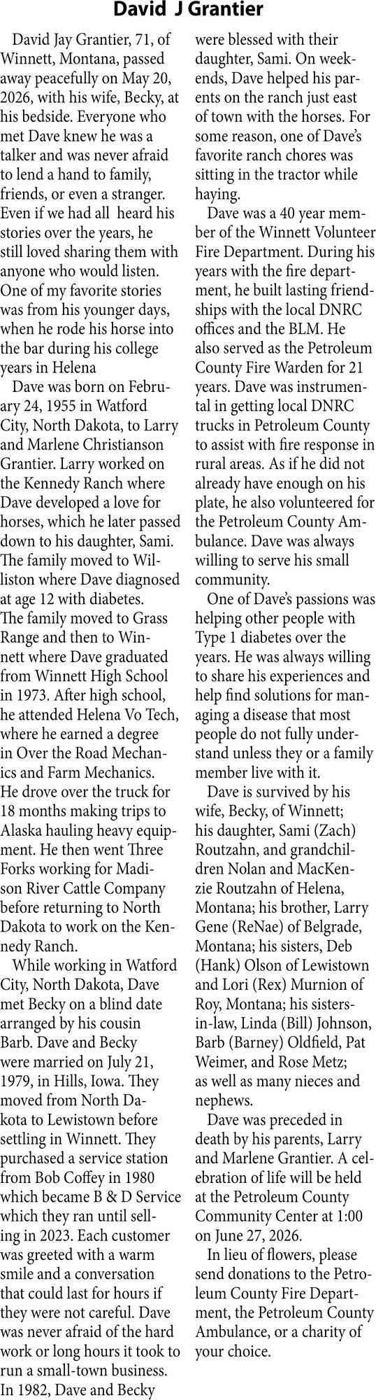 David J Grantier, Obituaries, Glendive, MT