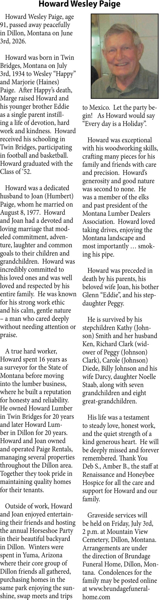 Howard Wesley Paige, Obituaries, Glendive, MT