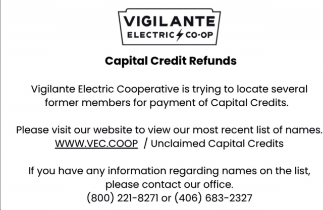 Capital Credit Refunds, Vigilante Electric Cooperative, Dillon, MT