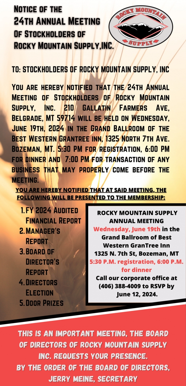 Notice of the 24th Annual Meeting, Rocky Mountain Supply, Dillon, MT
