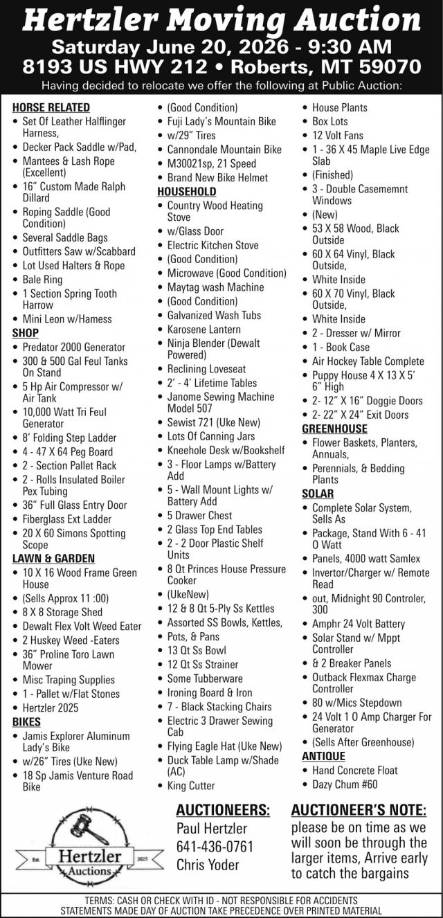 Moving Auction, Hertzler Auctions