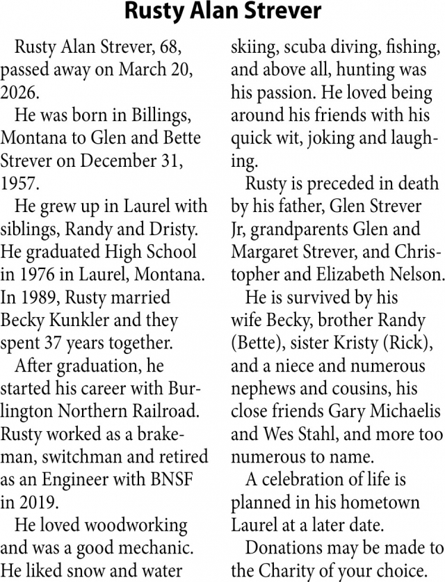 Rusty Alan Strever, Obituaries, Glendive, MT