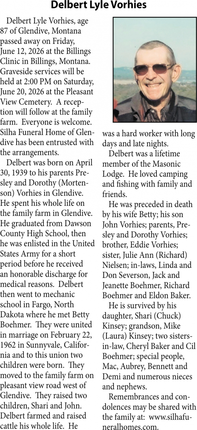 Delbert Lyle Vorhies, Obituaries, Glendive, MT