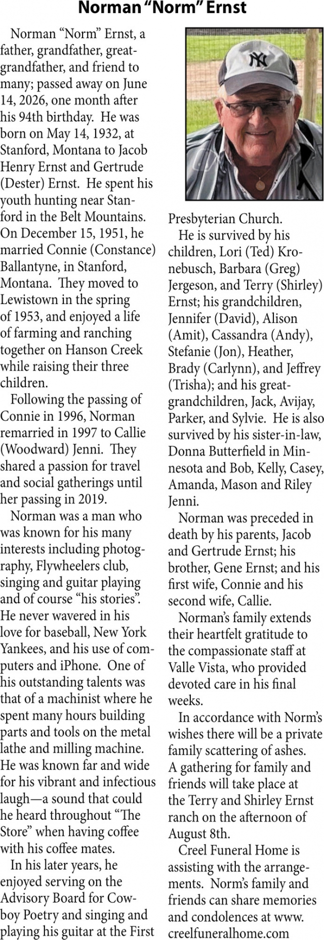 Norman Ernst, Obituaries, Glendive, MT