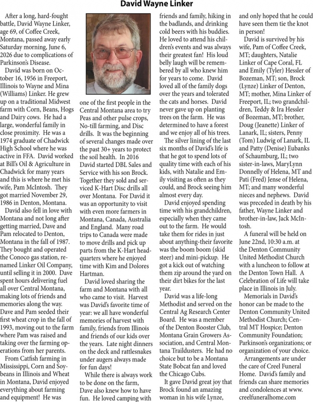 David Wayne Linker, Obituaries, Glendive, MT