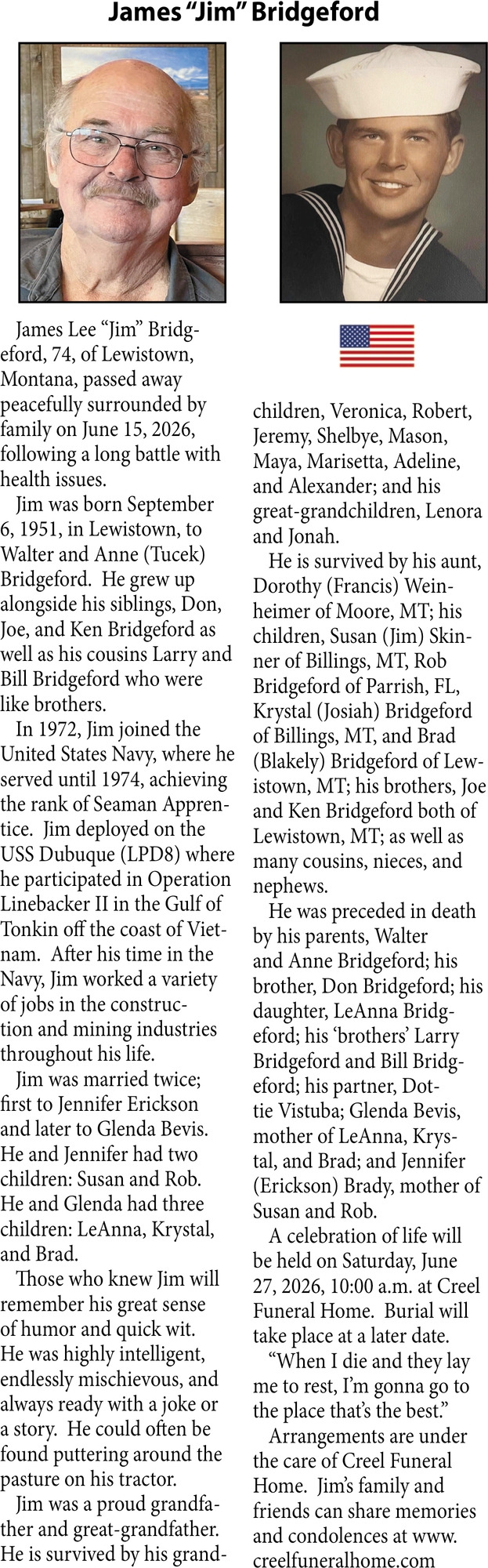 James Bridgeford, Obituaries, Glendive, MT