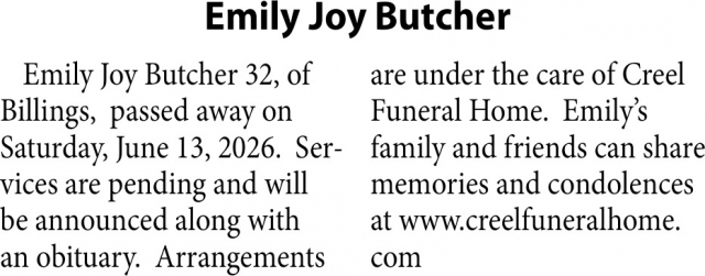 Emily Joy Butcher, Obituaries, Glendive, MT