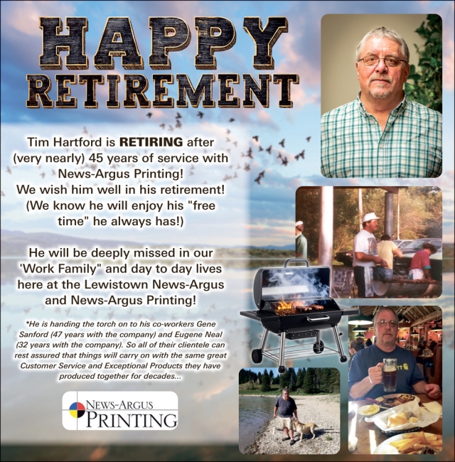 Happy Retirement, News-Argus Printing, Lewistown, MT
