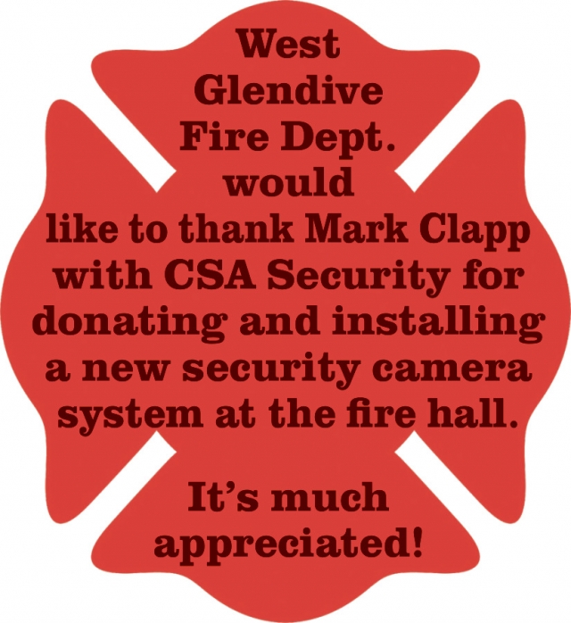 Thanks for Donations, West Glendive Fire District, Glendive, MT