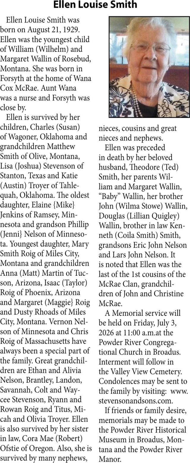 Ellen Louise Smith, Obituaries, Glendive, MT