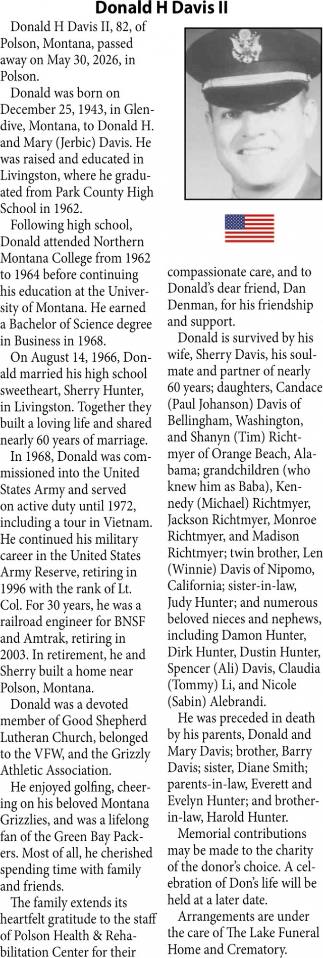 Donald H Davis II, Obituaries, Glendive, MT