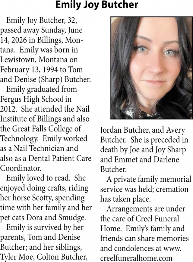 Emily Jou Butcher, Obituaries, Glendive, MT