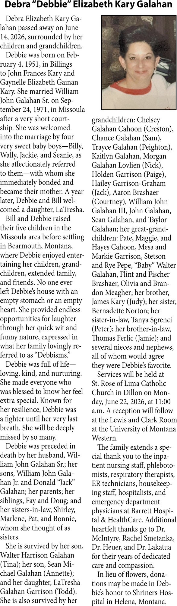 Debra Elizabeth Kary Galahan, Obituaries, Glendive, MT