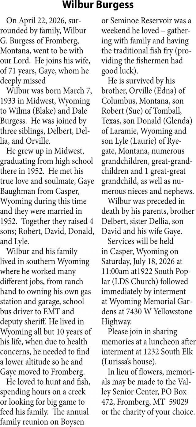 Wilbur Burgess, Obituaries, Glendive, MT