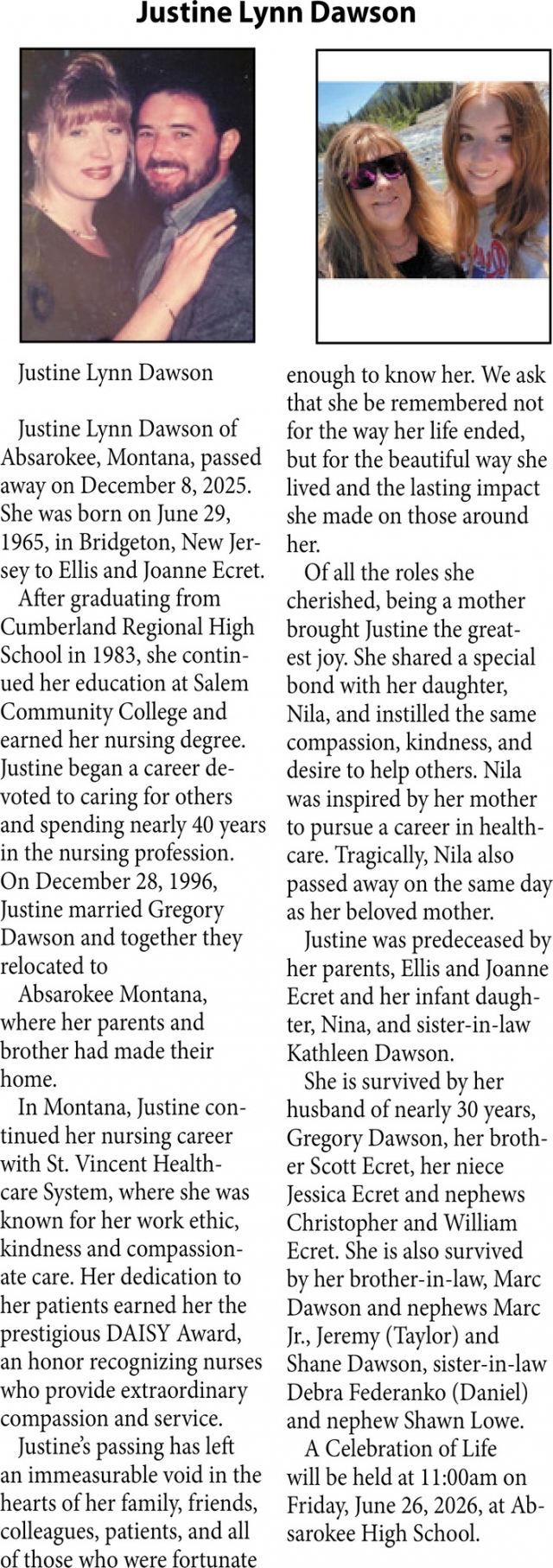 Justine Lynn Dawson, Obituaries, Glendive, MT