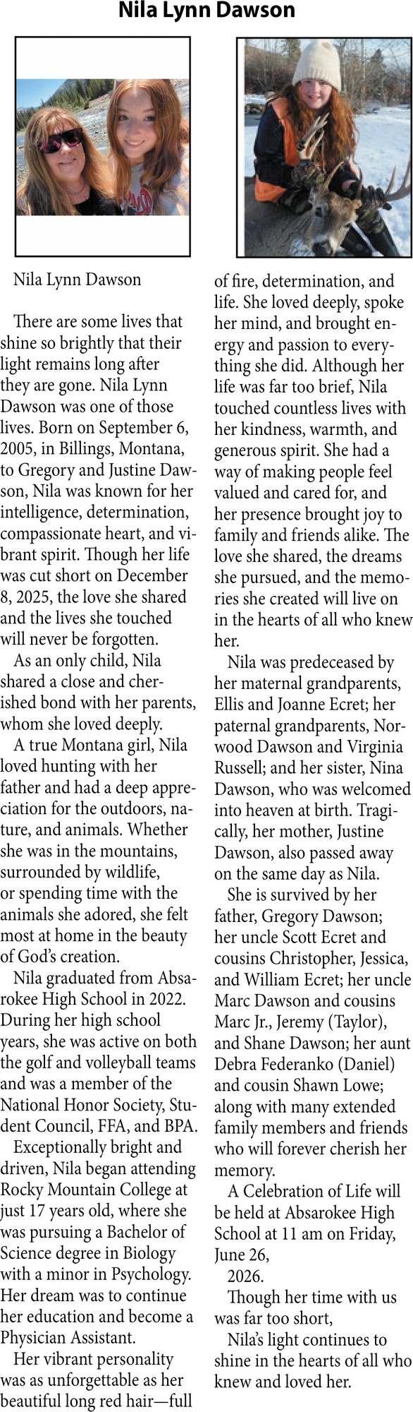 Nila Lynn Dawson, Obituaries, Glendive, MT