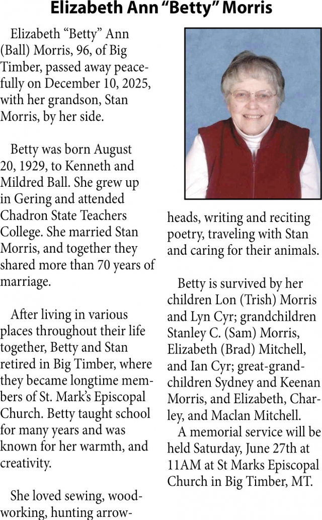 Elizabeth Ann Morris, Obituaries, Glendive, MT
