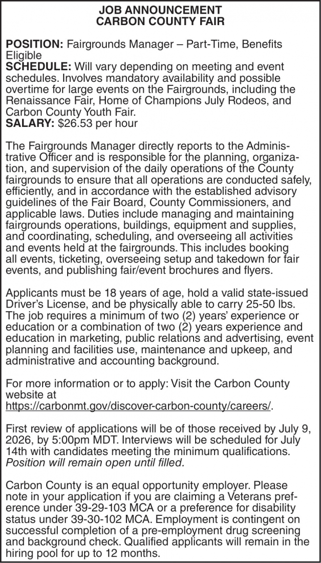 Fairgrounds Manager, Carbon County Fair, Red Lodge, MT