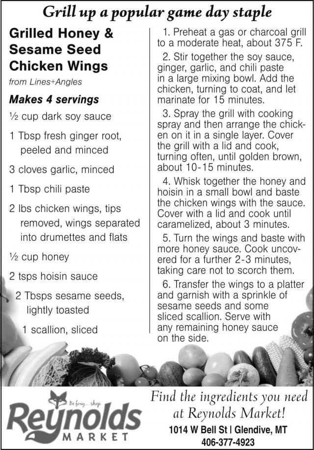 Grilled Honey & Sesame Seed Chicken Wings, Reynolds Market, Sidney, MT