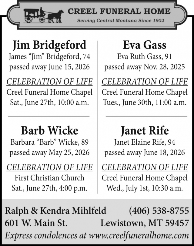 Funeral Services, Creel Funeral Home, Lewistown, MT