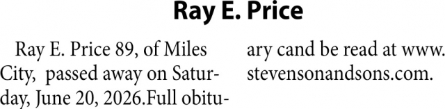Ray E. Price, Obituaries, Glendive, MT