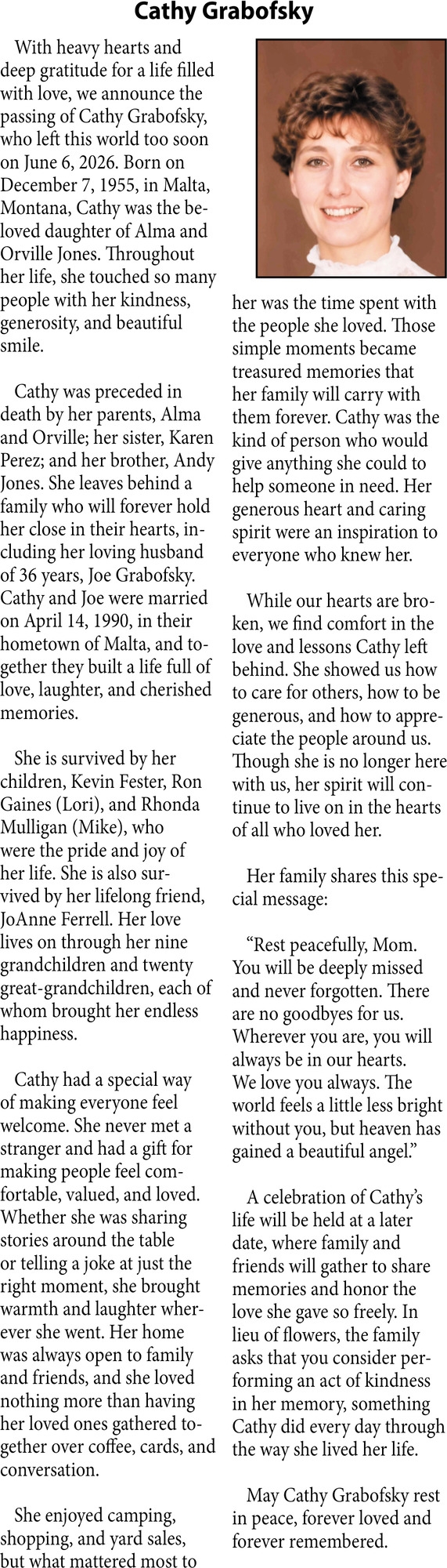 Cathy Grabofsky, Obituaries, Glendive, MT