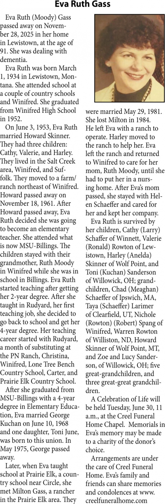 Eva Ruth Gass, Obituaries, Glendive, MT