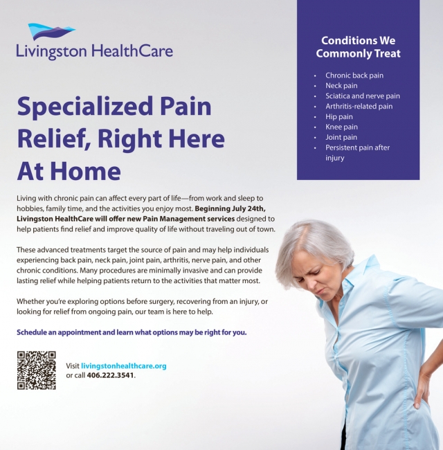 Specialized Pain Relief, Right Here at Home, Livingston Healthcare, Livingston, MT