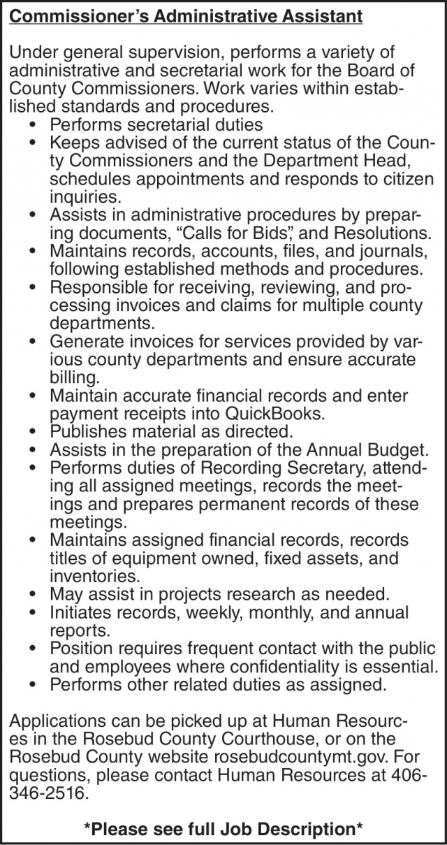 Commissioner's Administrative Assistant, Rosebud County, Forsyth, MT