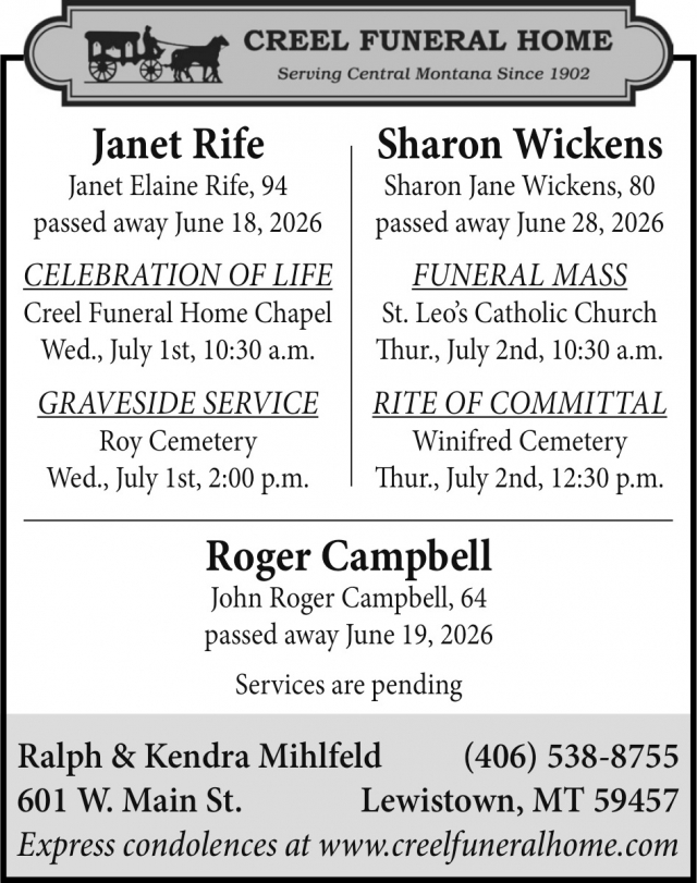 Funeral Services, Creel Funeral Home, Lewistown, MT