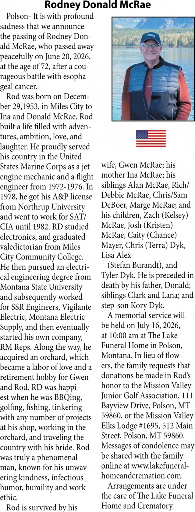 Rodney Donald McRae, Obituaries, Glendive, MT