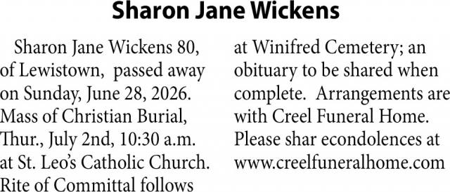 Sharon Jane Wickens, Obituaries, Glendive, MT
