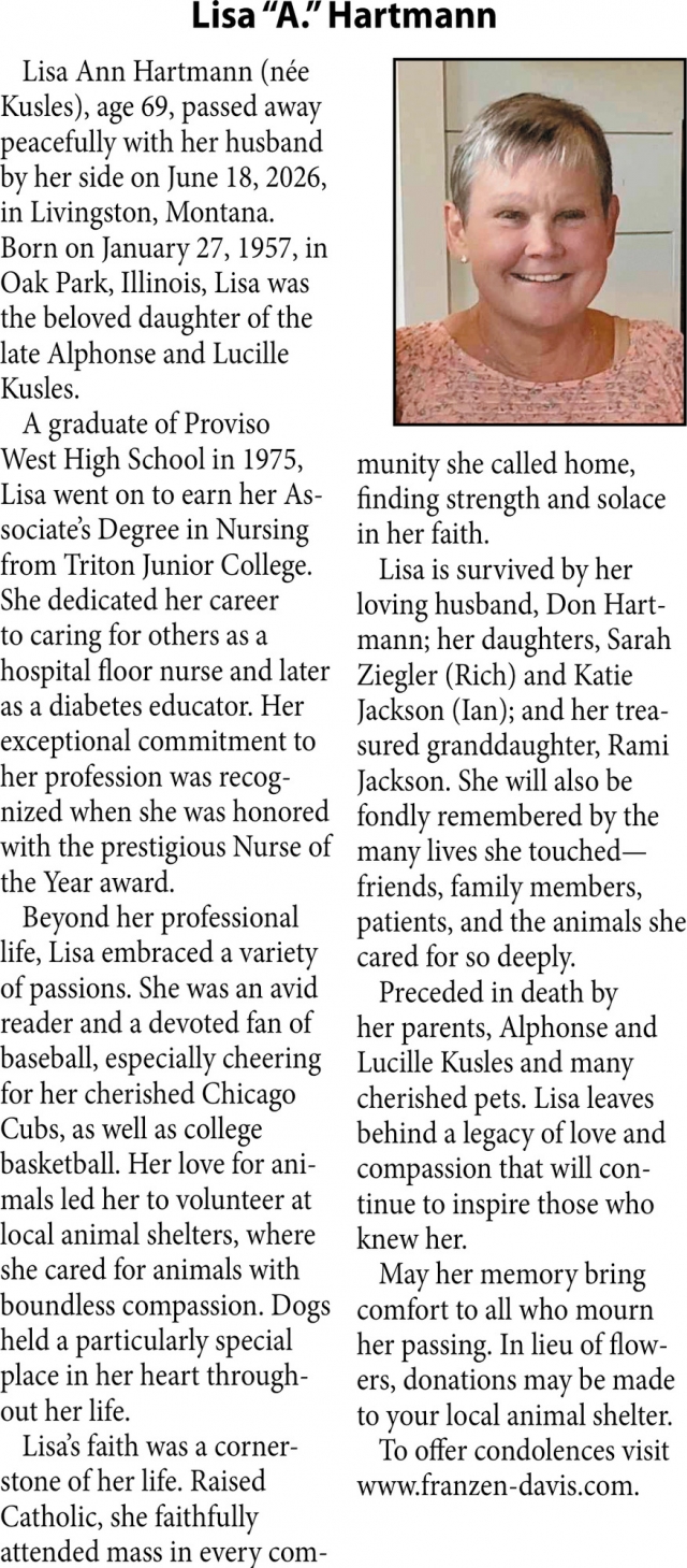 Lisa "A". Hartmann, Obituaries, Glendive, MT