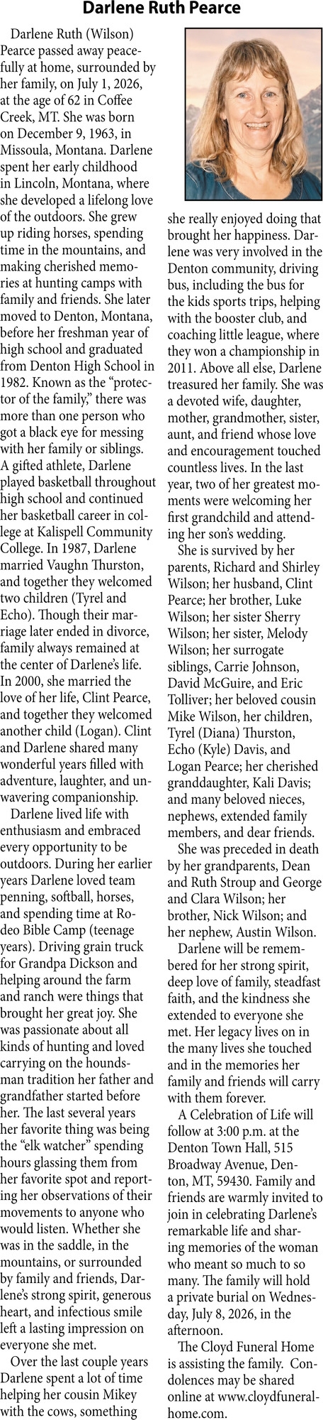 Darlene Ruth Pearce, Obituaries, Glendive, MT