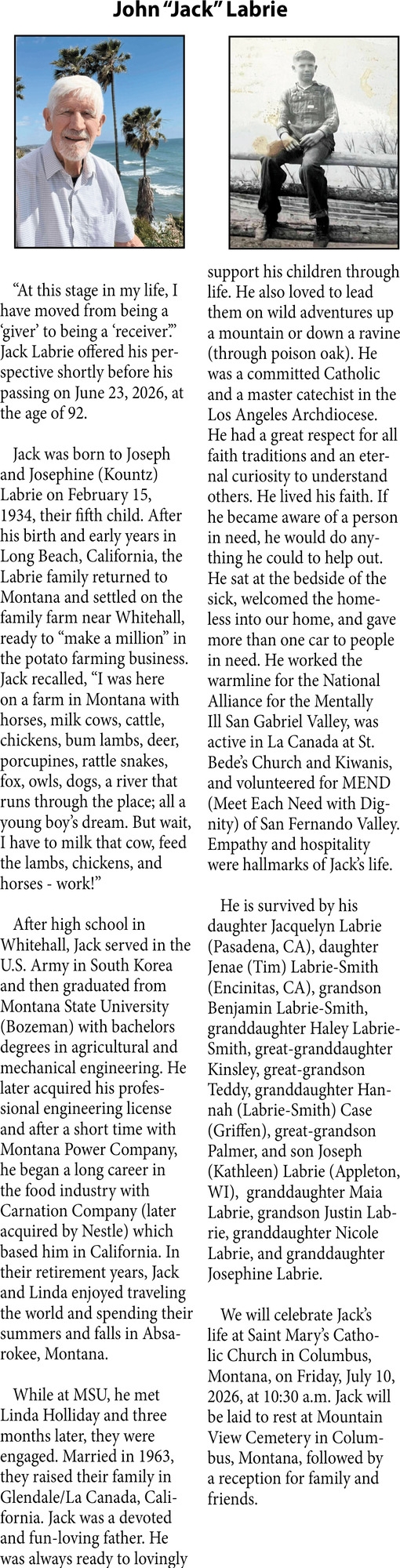 John Labrie, Obituaries, Glendive, MT