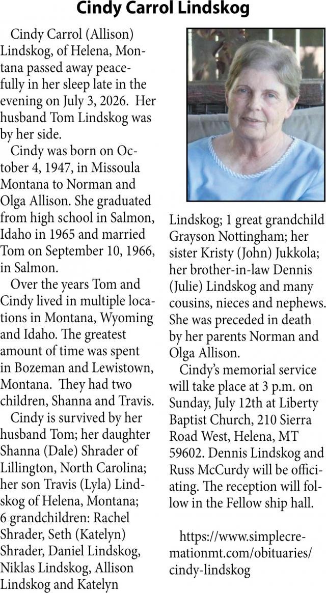 In Loving Memory      , Cindy Carrol Lindskog