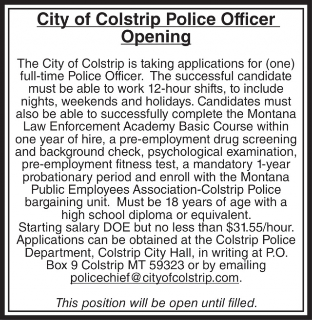 Police Officer Job, City of Colstrip, Colstrip, MT