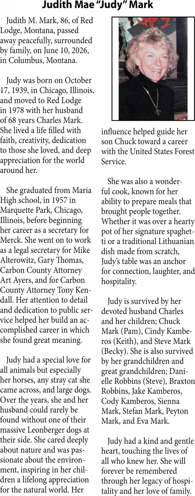 In Loving Memory, Judith Mae "Judy" Mark