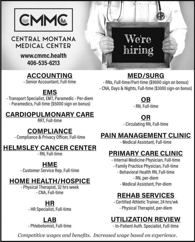 Healthcare Jobs Open, Central Montana Medical Center, Lewistown, MT