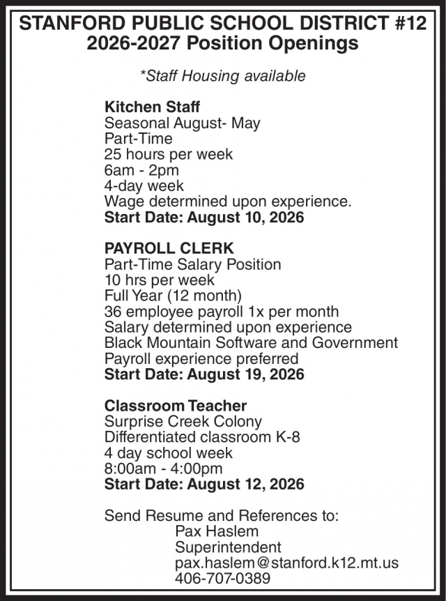 Multiple Jobs Open, Stanford Public School District #12