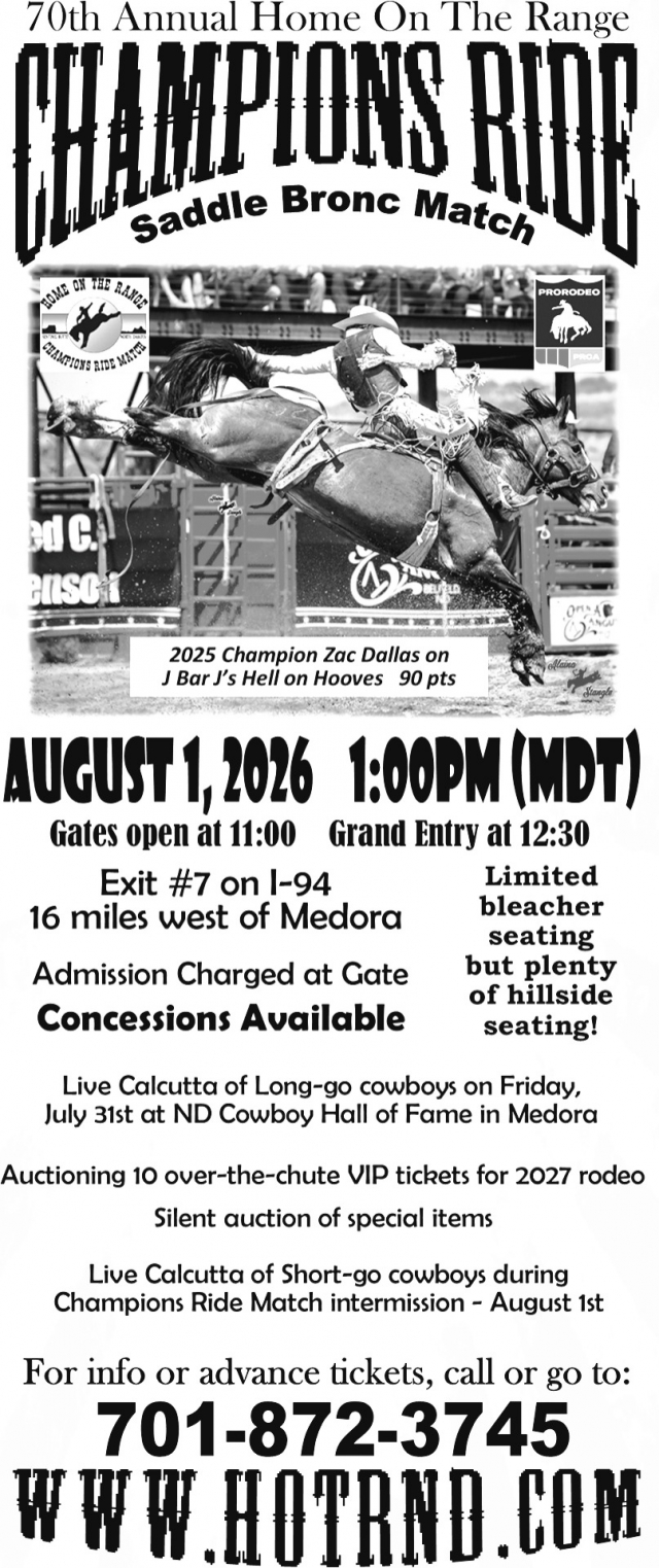 Rodeo Tickets Available, 70th Annual Champions Ride (August 1, 2026)