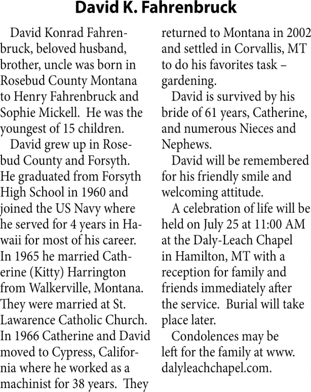 In Loving Memory, David K. Fahrenbruck