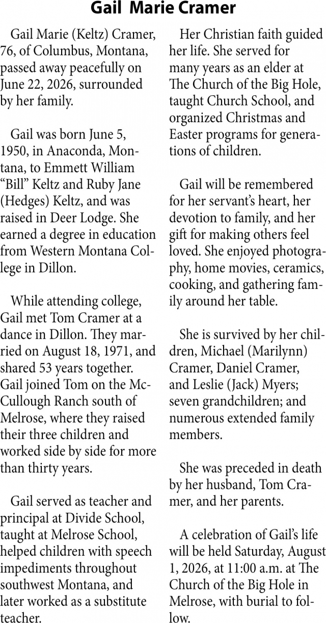 Celebration Of Life, Gail Marie Cramer